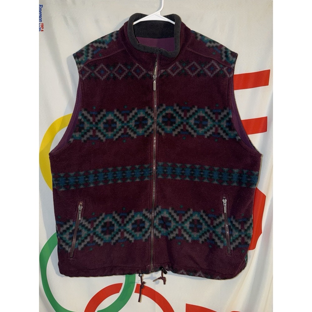 Vintage Eddie Bauer Fleece Vest Mens XL Maroon Aztec 90s Full Zip